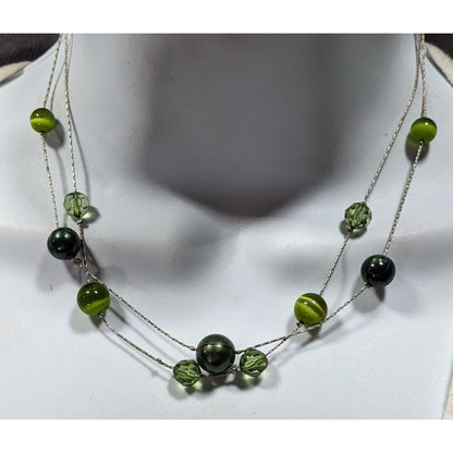 Whimsical Layered Green And Silver Tone Station Necklace
