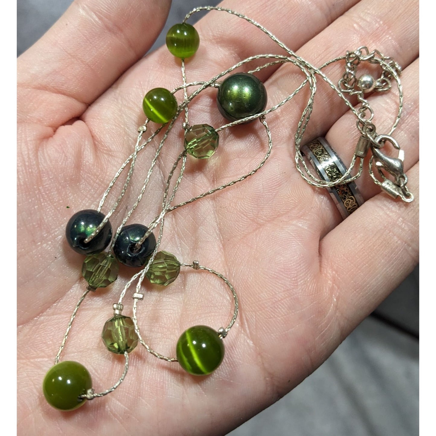 Whimsical Layered Green And Silver Tone Station Necklace