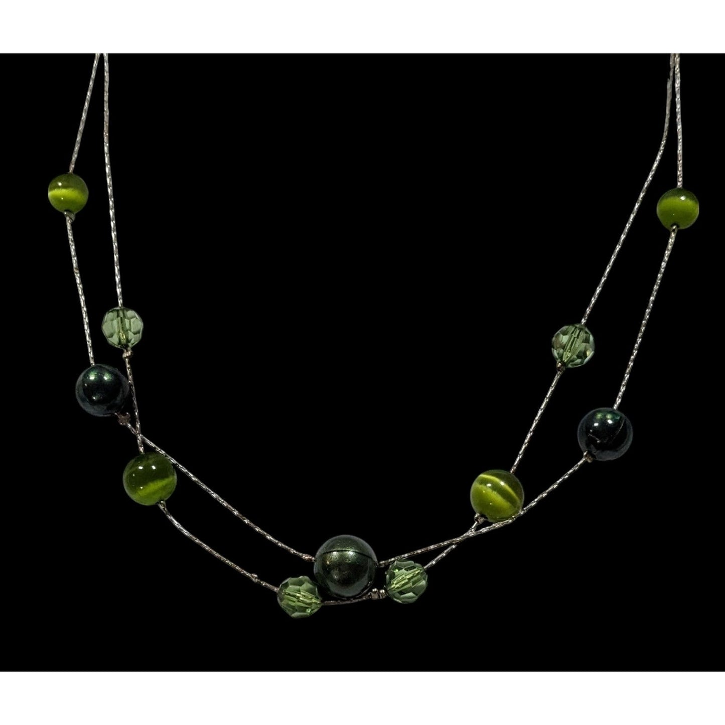 Whimsical Layered Green And Silver Tone Station Necklace