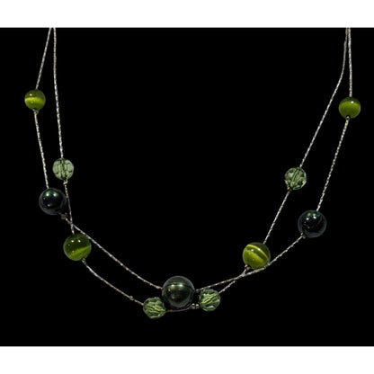 Whimsical Layered Green And Silver Tone Station Necklace