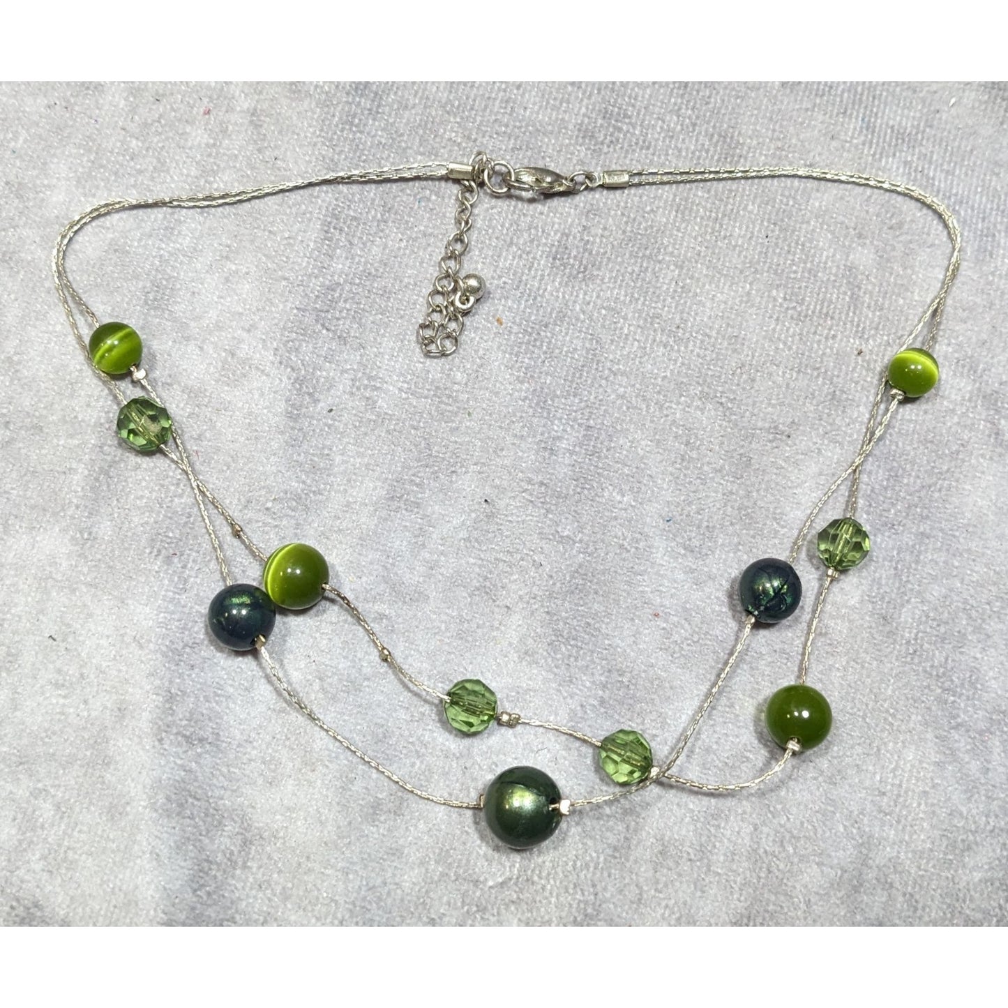 Whimsical Layered Green And Silver Tone Station Necklace
