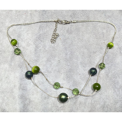 Whimsical Layered Green And Silver Tone Station Necklace