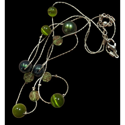Whimsical Layered Green And Silver Tone Station Necklace