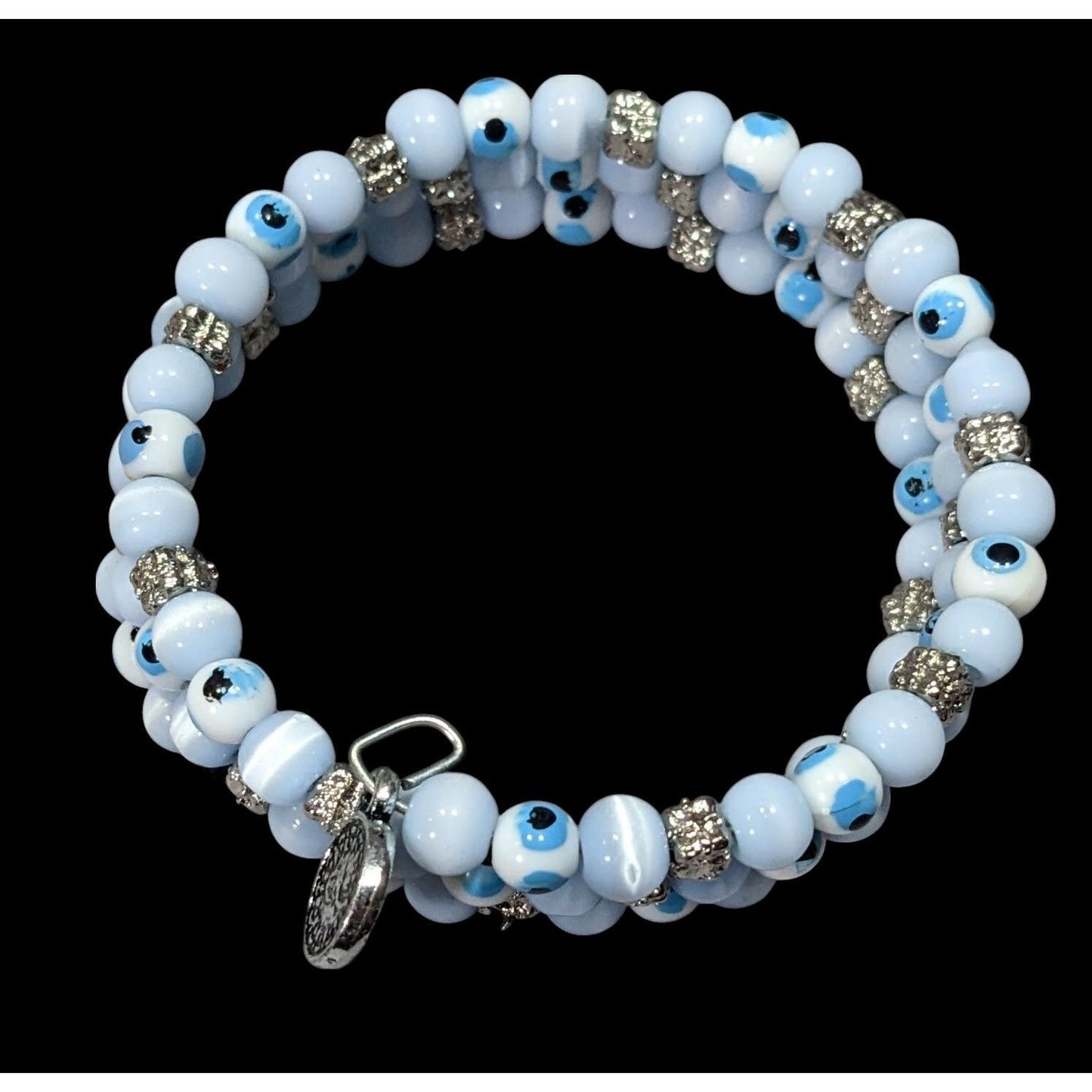 Bohemian Evil Eye Light Blue Glass And Silver Tone Beaded Coil Bracelet