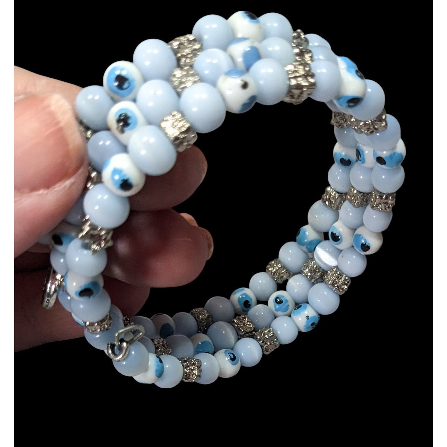 Bohemian Evil Eye Light Blue Glass And Silver Tone Beaded Coil Bracelet