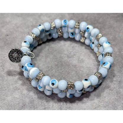 Bohemian Evil Eye Light Blue Glass And Silver Tone Beaded Coil Bracelet