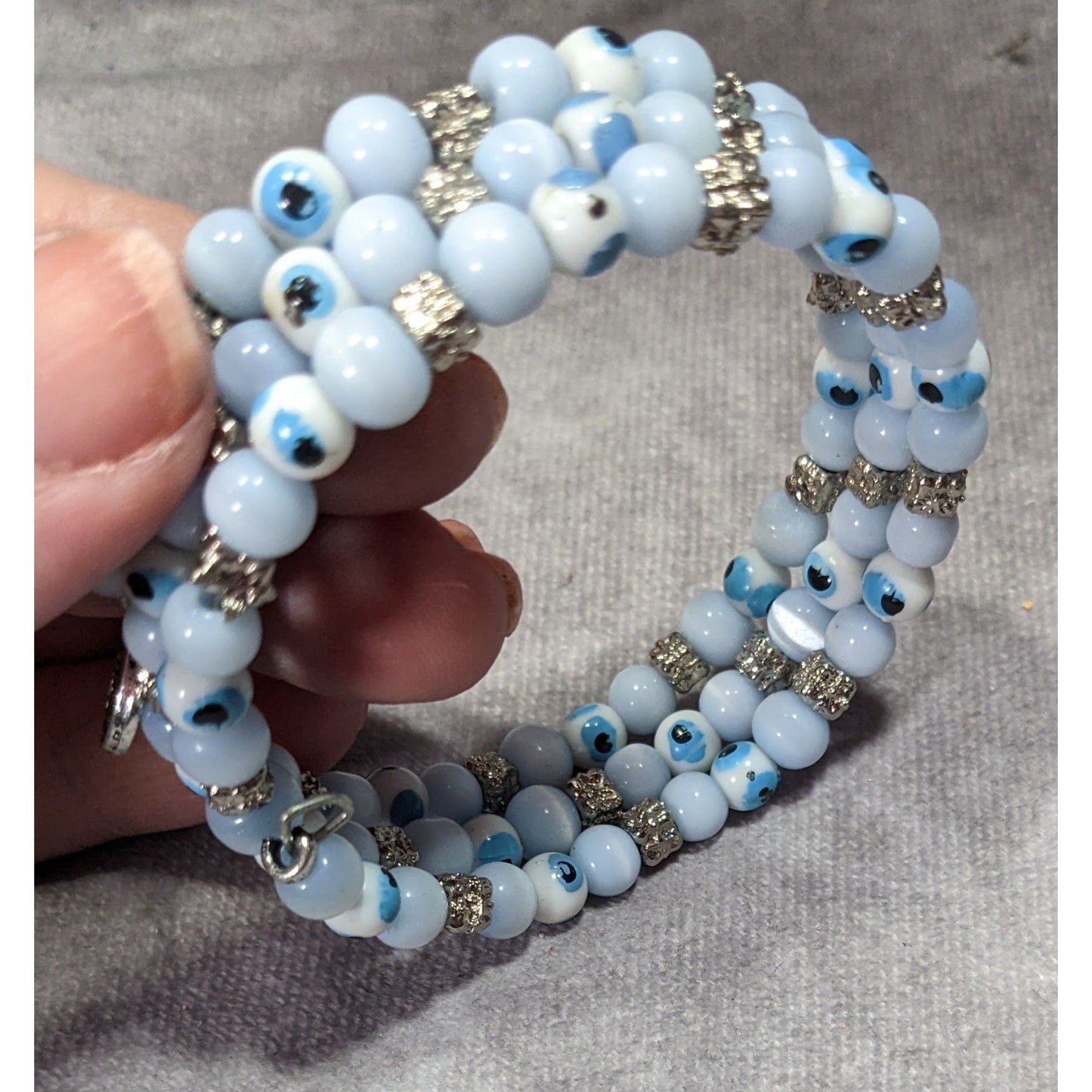 Bohemian Evil Eye Light Blue Glass And Silver Tone Beaded Coil Bracelet