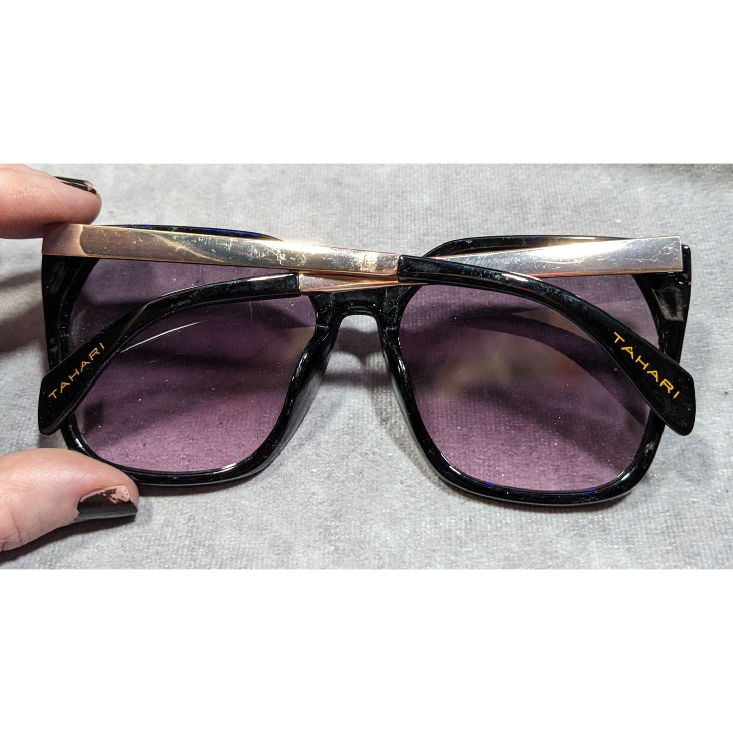 Tahari Gothic Oversized Black Sunglasses With Purple Lenses