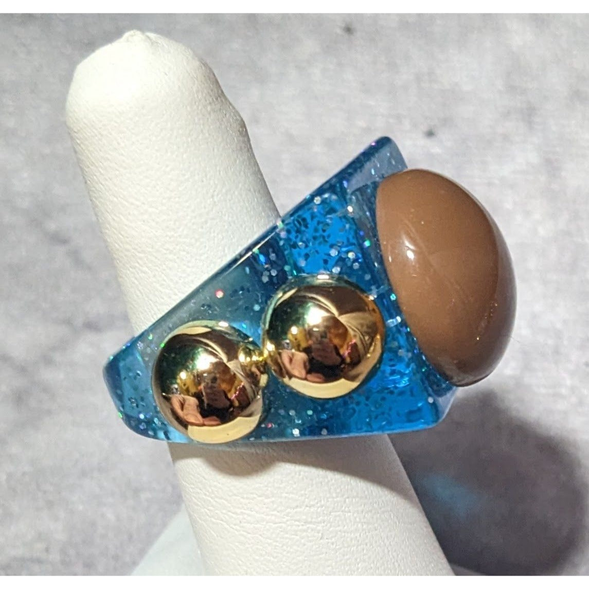 Chunky Blue Glitter Ring With Brown And Gold Accents