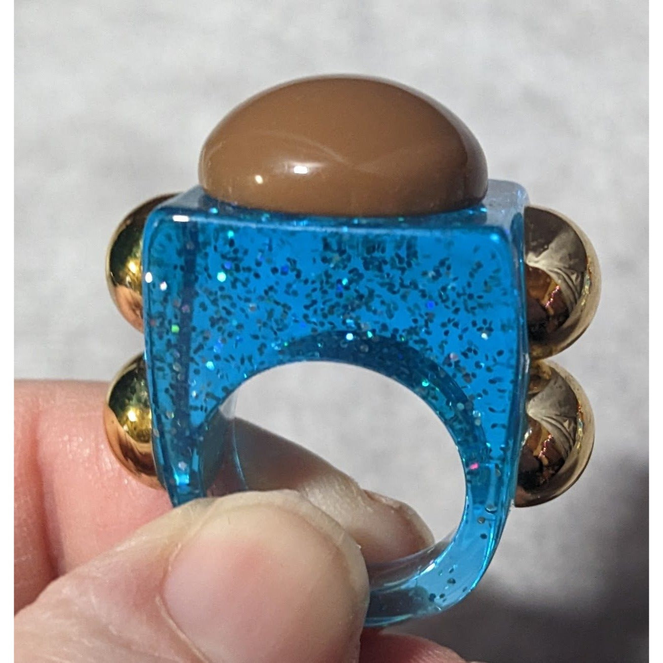 Chunky Blue Glitter Ring With Brown And Gold Accents