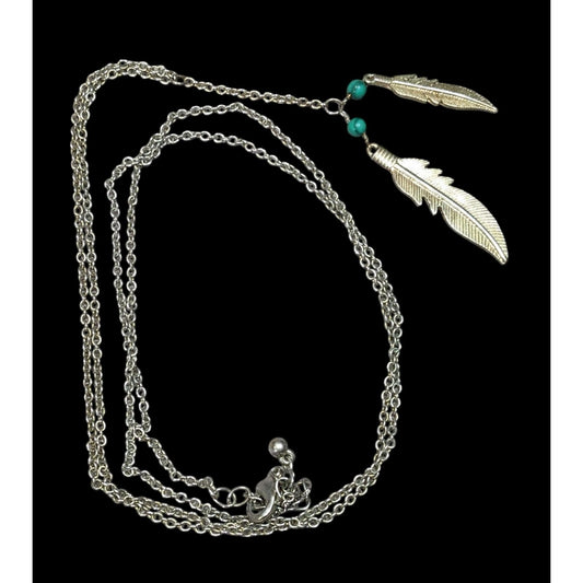 Bohemian Hippie Feather Charm Necklace Silver Tone With Faux Turquoise Accents