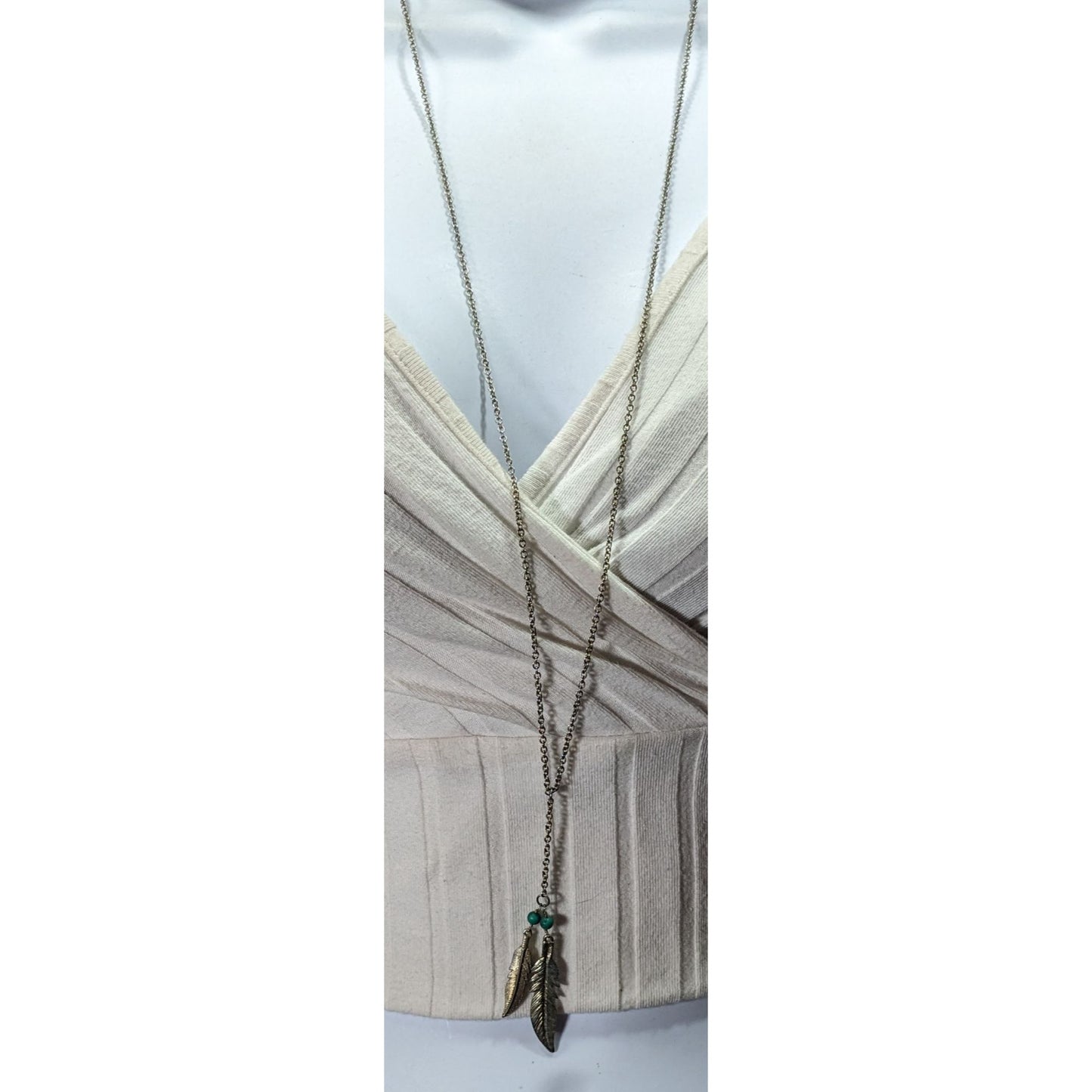 Bohemian Hippie Feather Charm Necklace Silver Tone With Faux Turquoise Accents
