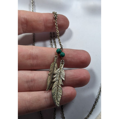 Bohemian Hippie Feather Charm Necklace Silver Tone With Faux Turquoise Accents