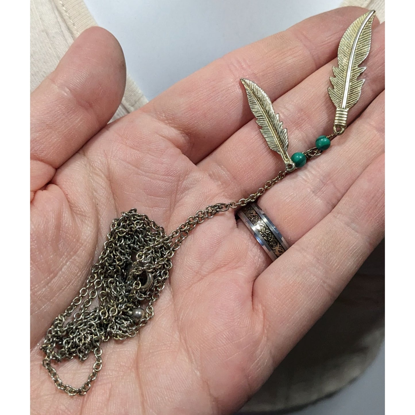 Bohemian Hippie Feather Charm Necklace Silver Tone With Faux Turquoise Accents