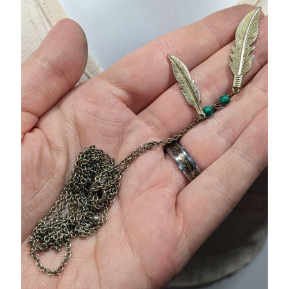 Bohemian Hippie Feather Charm Necklace Silver Tone With Faux Turquoise Accents
