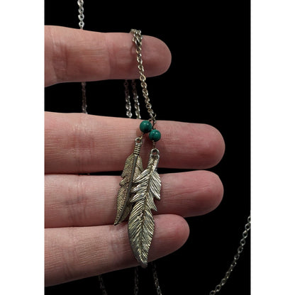 Bohemian Hippie Feather Charm Necklace Silver Tone With Faux Turquoise Accents