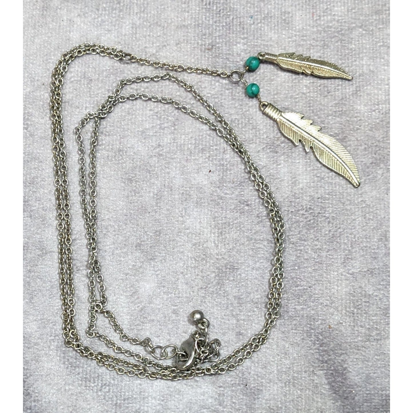 Bohemian Hippie Feather Charm Necklace Silver Tone With Faux Turquoise Accents