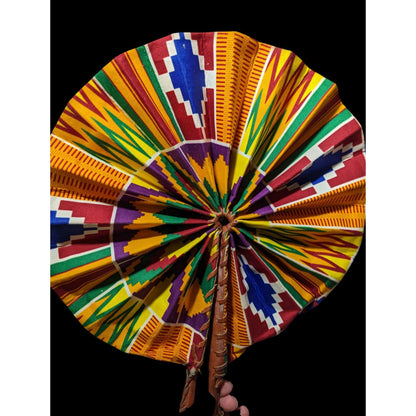 Handmade African Fabric Fan Double Sided Leather Handle