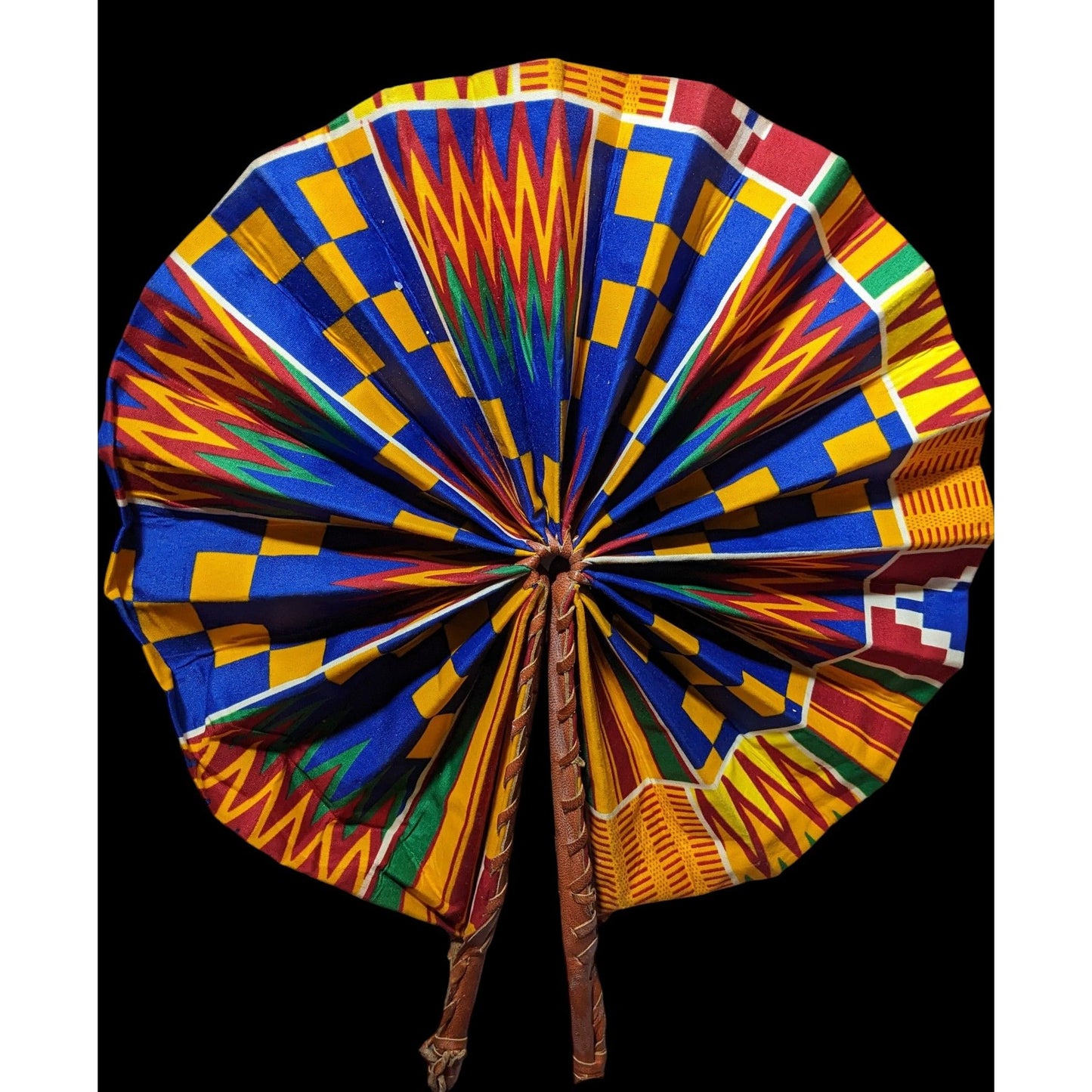 Handmade African Fabric Fan Double Sided Leather Handle