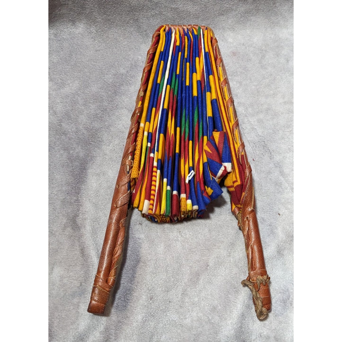 Handmade African Fabric Fan Double Sided Leather Handle