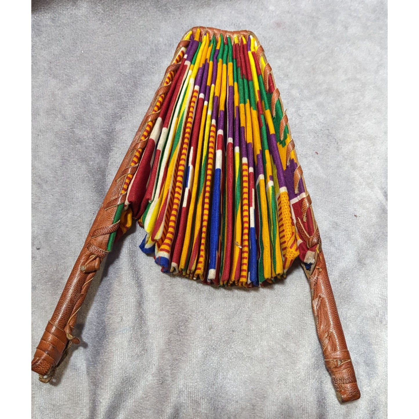 Handmade African Fabric Fan Double Sided Leather Handle