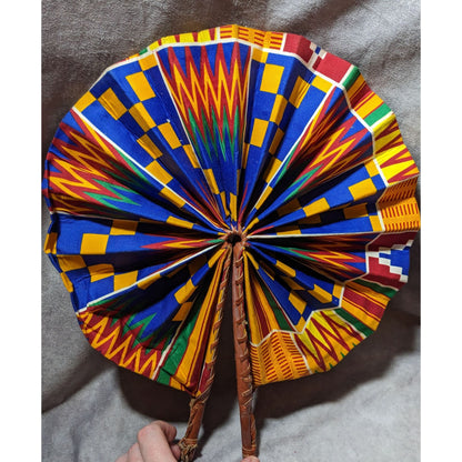 Handmade African Fabric Fan Double Sided Leather Handle