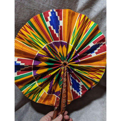 Handmade African Fabric Fan Double Sided Leather Handle