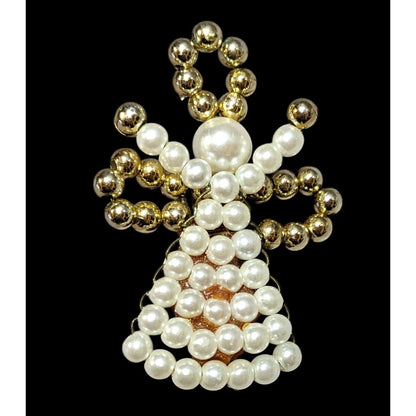 Vintage Excited Angel White And Gold Tone Beaded Brooch