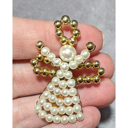 Vintage Excited Angel White And Gold Tone Beaded Brooch