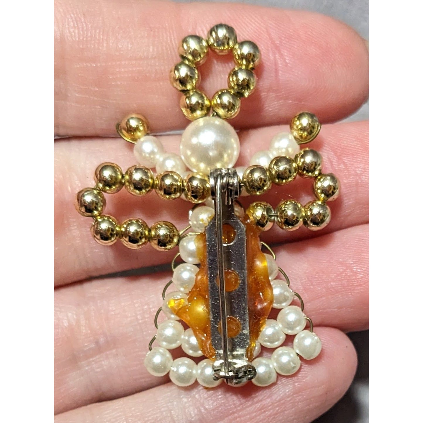 Vintage Excited Angel White And Gold Tone Beaded Brooch