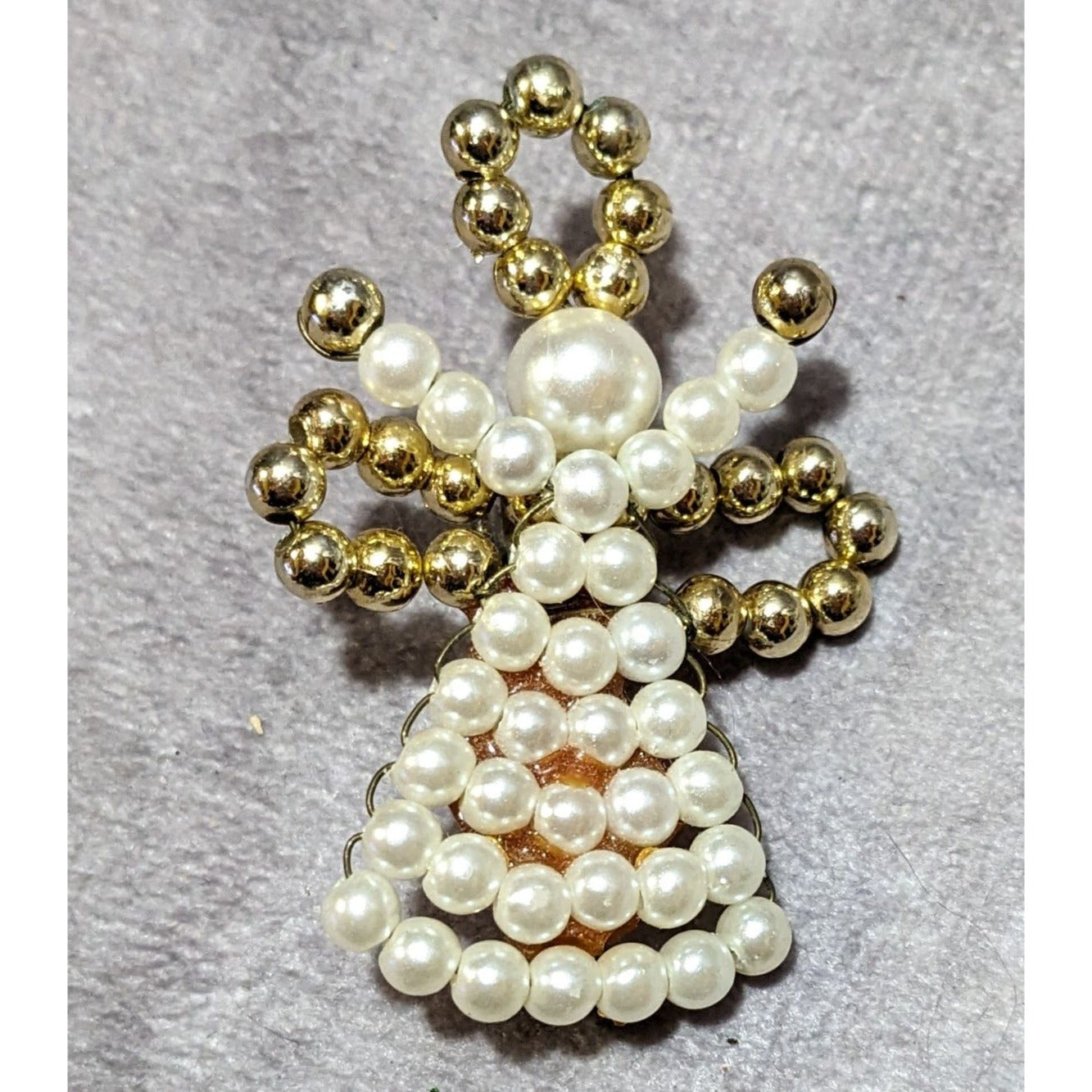 Vintage Excited Angel White And Gold Tone Beaded Brooch