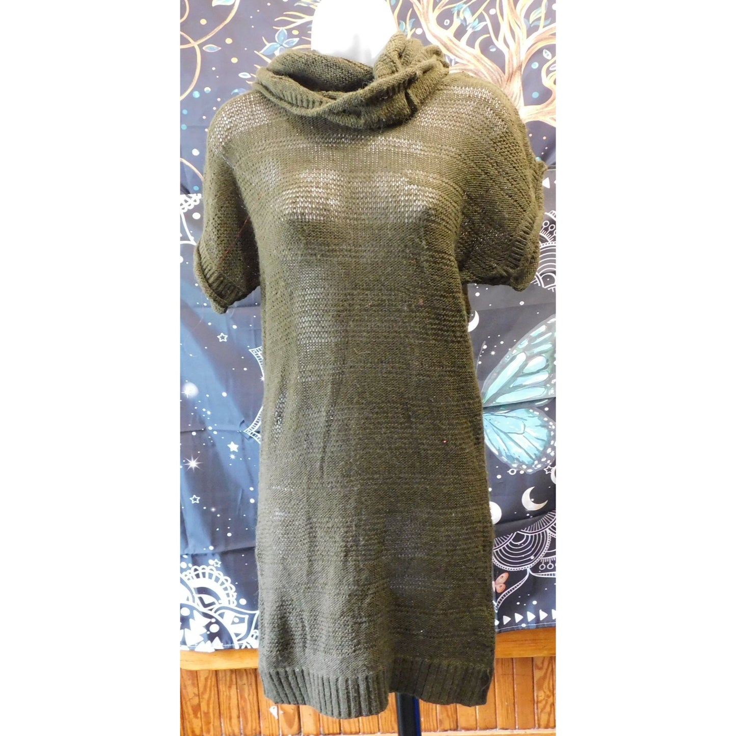 Click Green Slouch Neck Semi-Sheer Sweater Dress