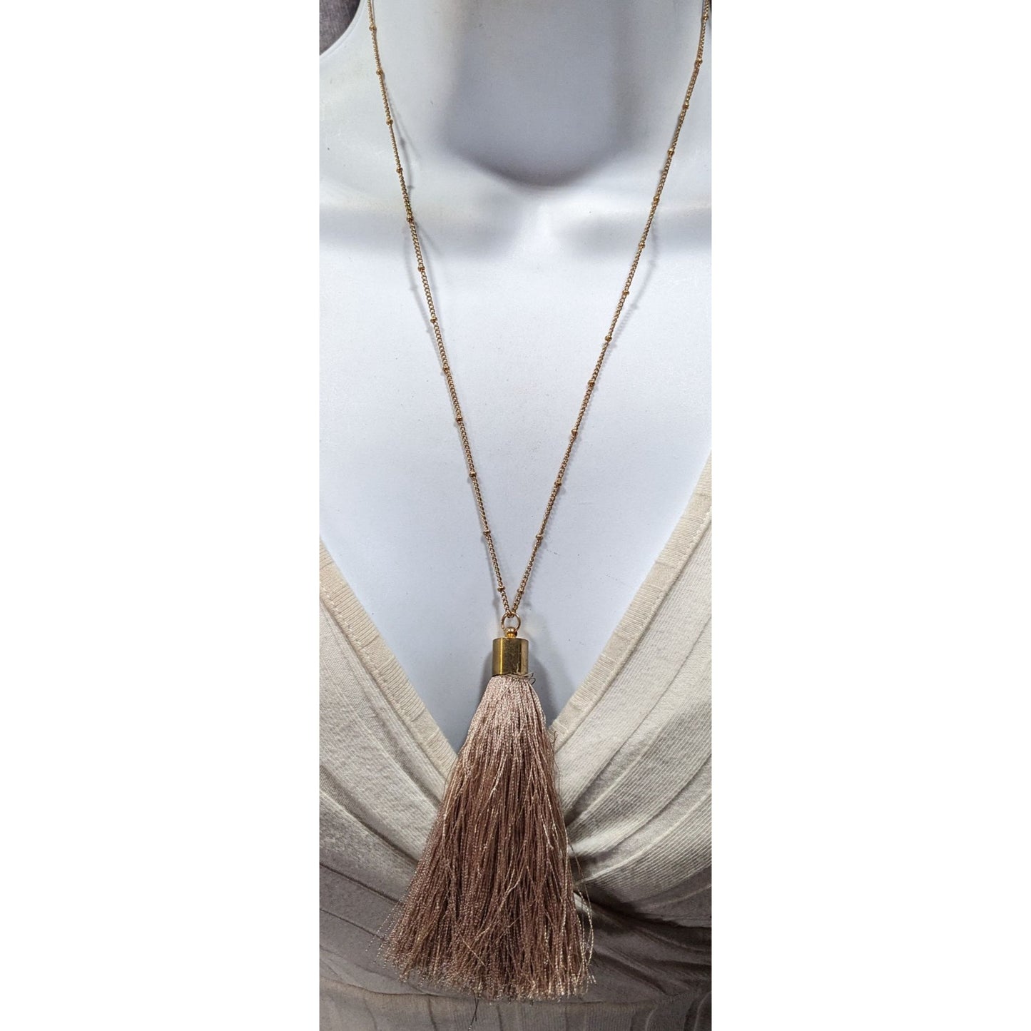 Bohemian Beige And Gold Tone Tassel Pendant Necklace