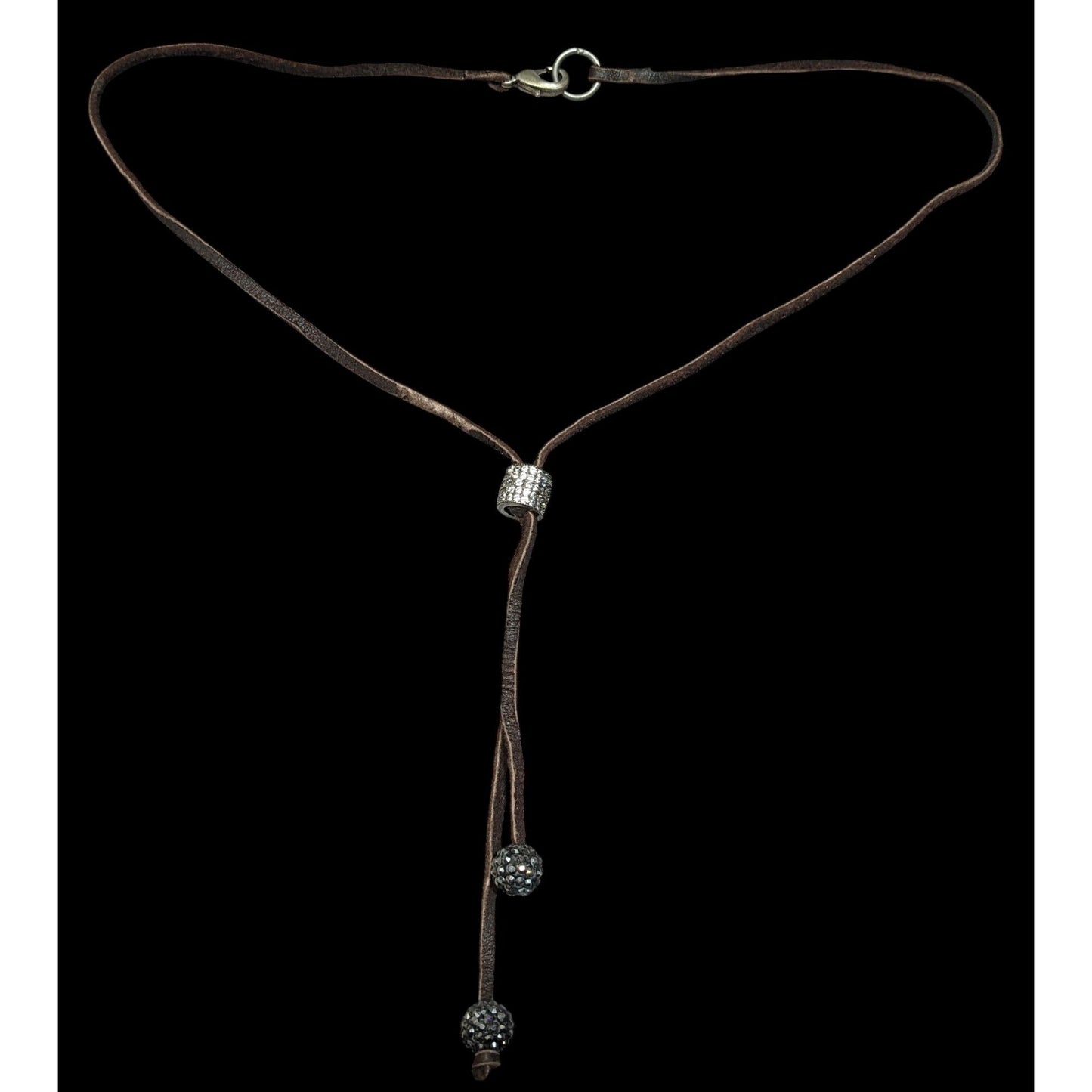 Bohemian Glam Brown Suede Lariat Necklace With Rhinestone Accents