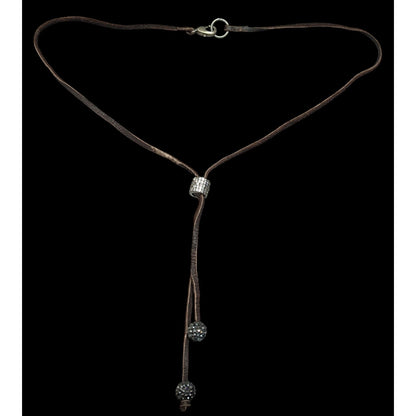 Bohemian Glam Brown Suede Lariat Necklace With Rhinestone Accents