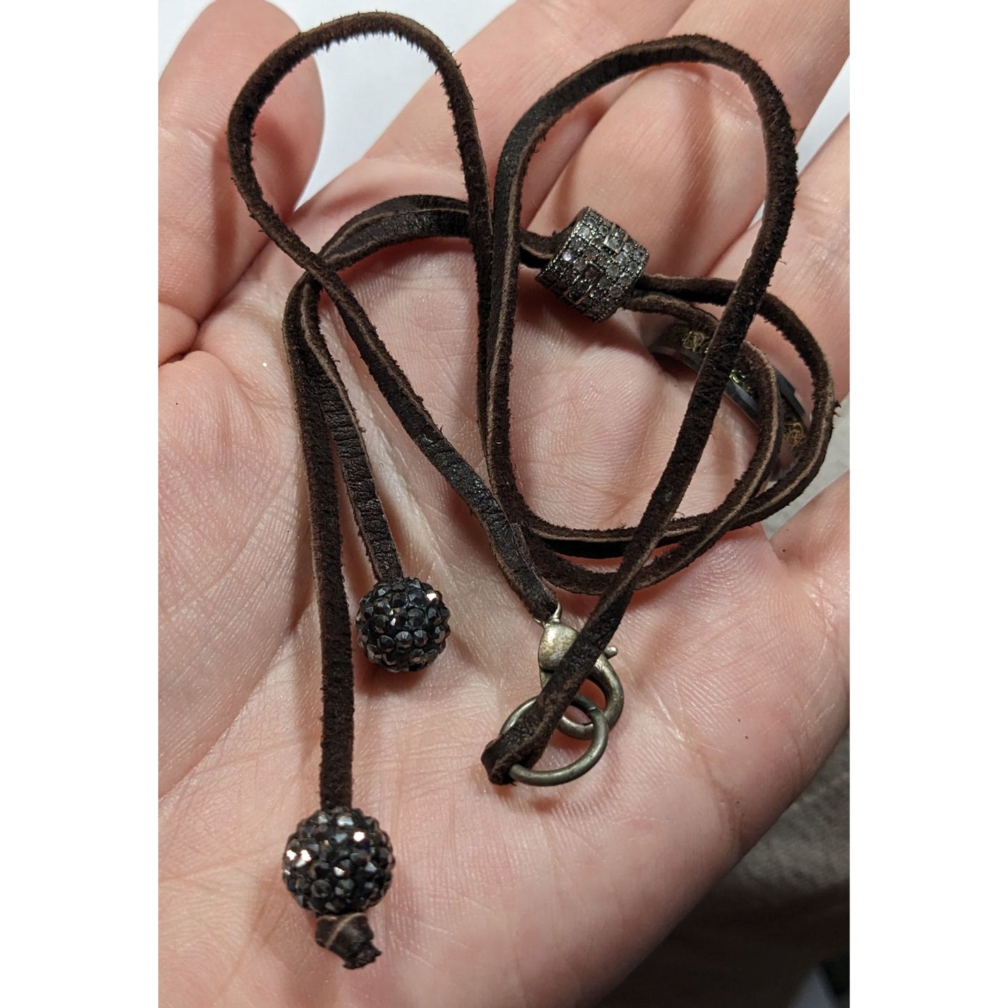 Bohemian Glam Brown Suede Lariat Necklace With Rhinestone Accents