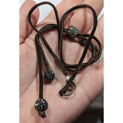 Bohemian Glam Brown Suede Lariat Necklace With Rhinestone Accents