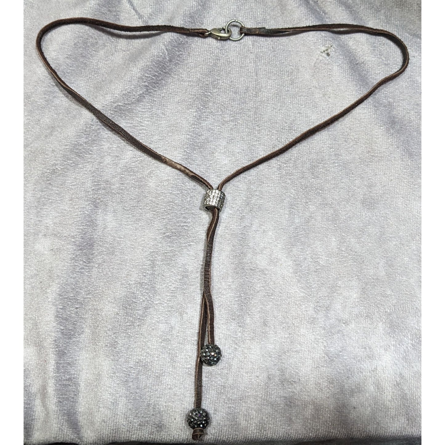 Bohemian Glam Brown Suede Lariat Necklace With Rhinestone Accents