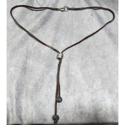 Bohemian Glam Brown Suede Lariat Necklace With Rhinestone Accents
