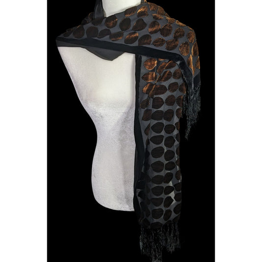 Vintage Geometric Burnt Velvet Scarf Copper Tone With Fringe