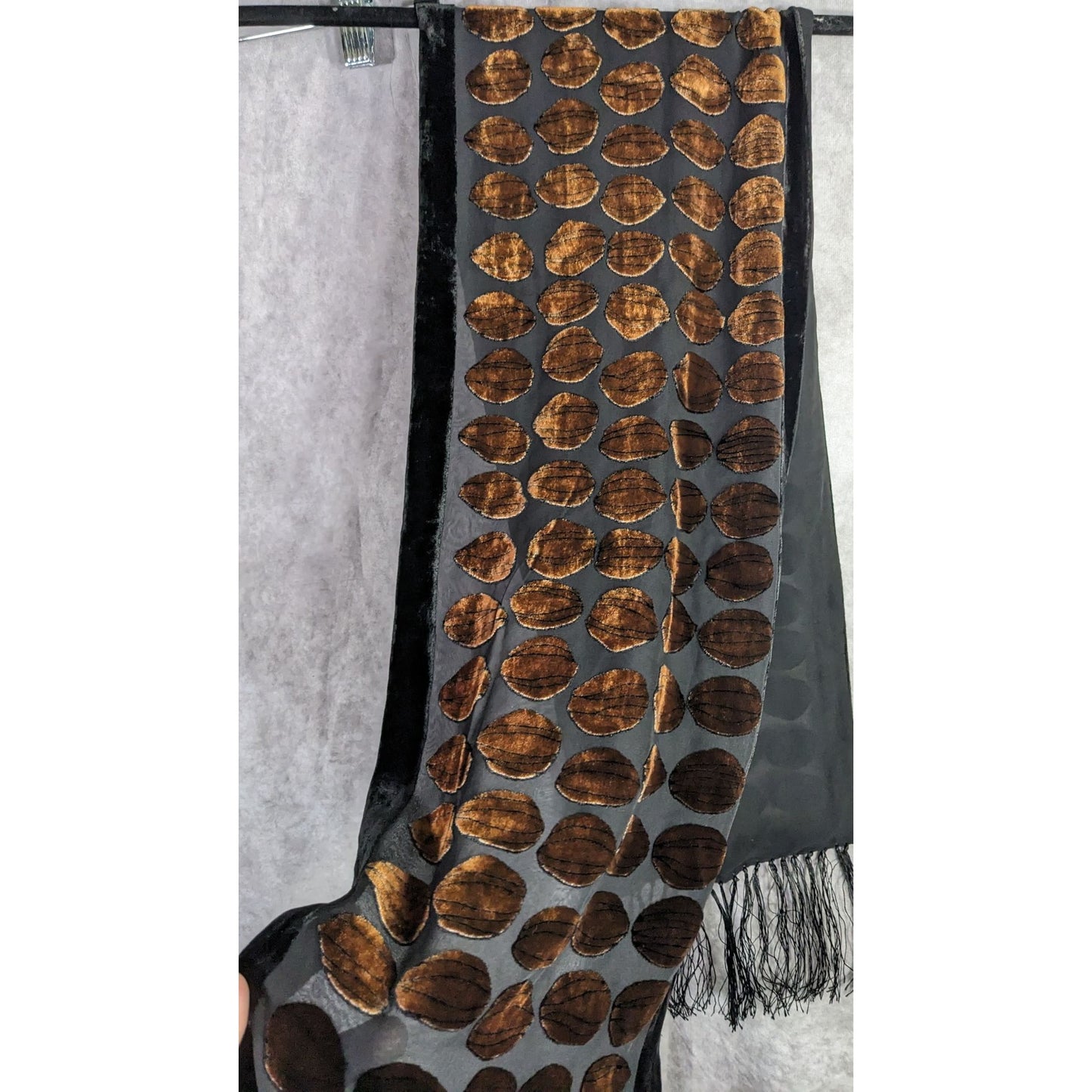 Vintage Geometric Burnt Velvet Scarf Copper Tone With Fringe