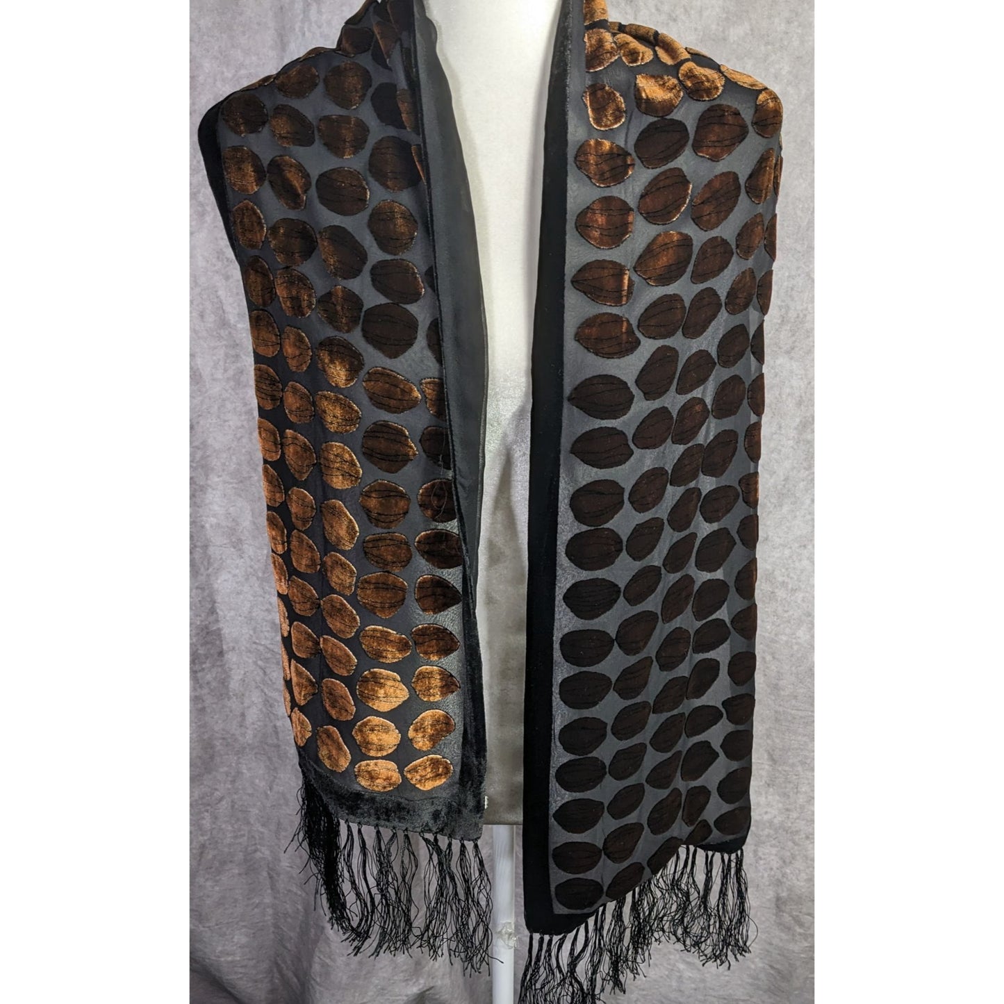 Vintage Geometric Burnt Velvet Scarf Copper Tone With Fringe