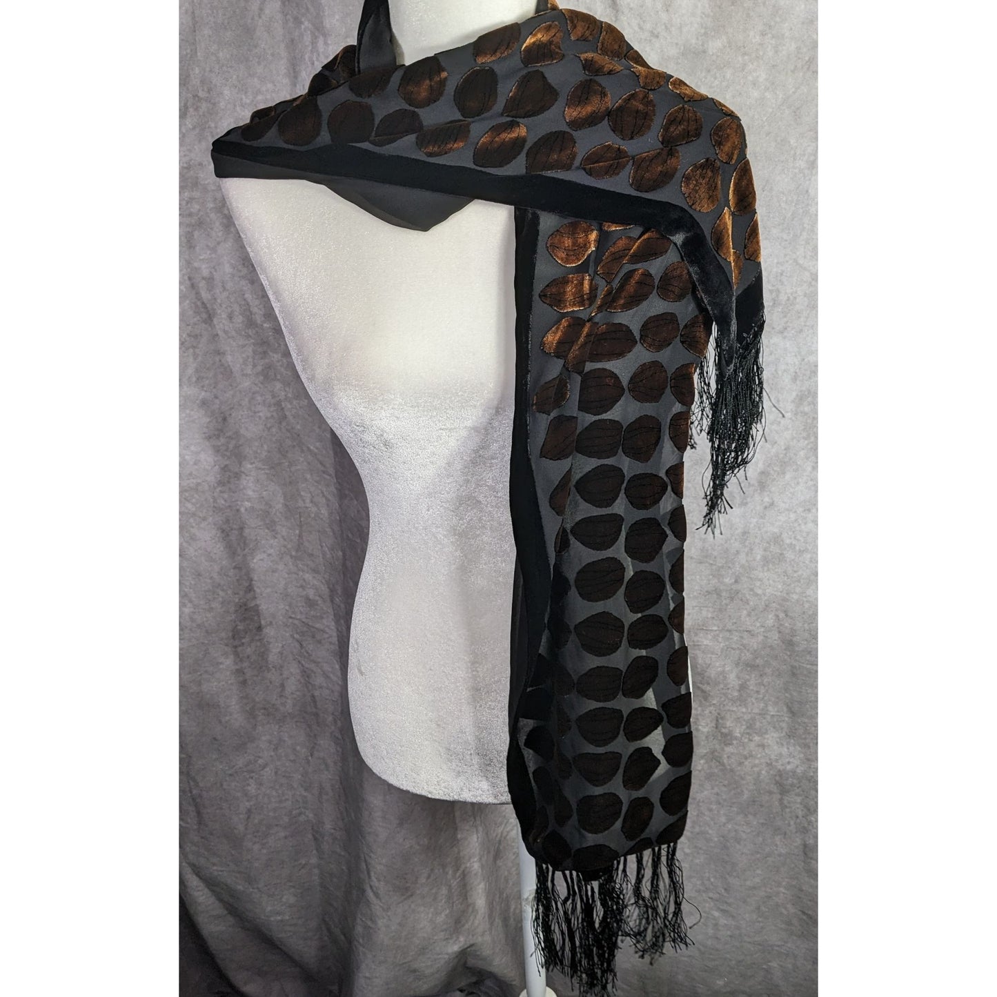 Vintage Geometric Burnt Velvet Scarf Copper Tone With Fringe