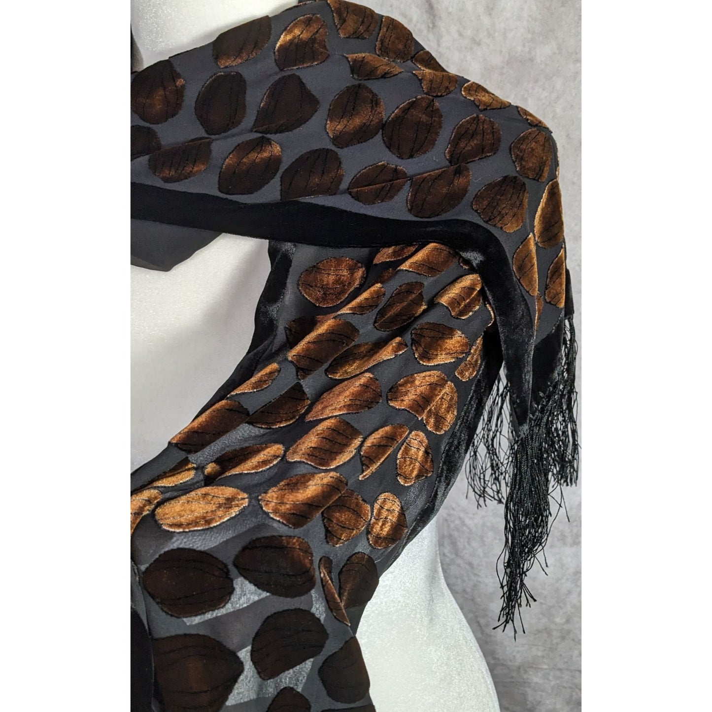 Vintage Geometric Burnt Velvet Scarf Copper Tone With Fringe