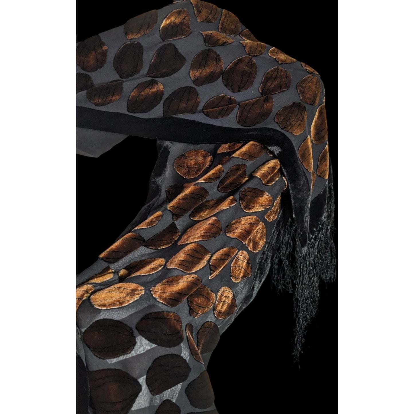 Vintage Geometric Burnt Velvet Scarf Copper Tone With Fringe