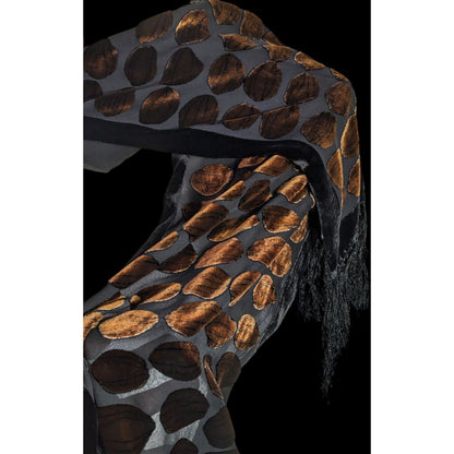 Vintage Geometric Burnt Velvet Scarf Copper Tone With Fringe
