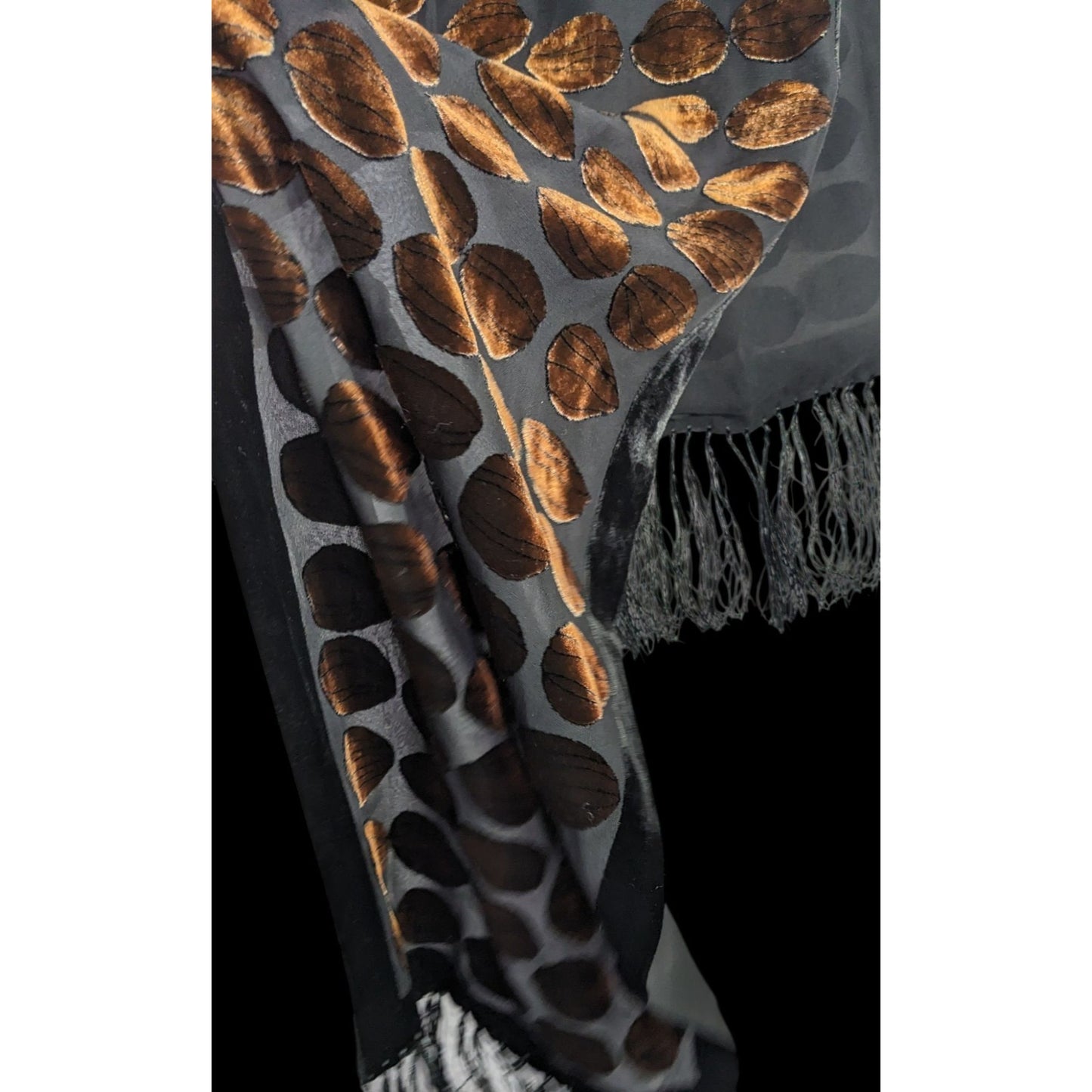 Vintage Geometric Burnt Velvet Scarf Copper Tone With Fringe