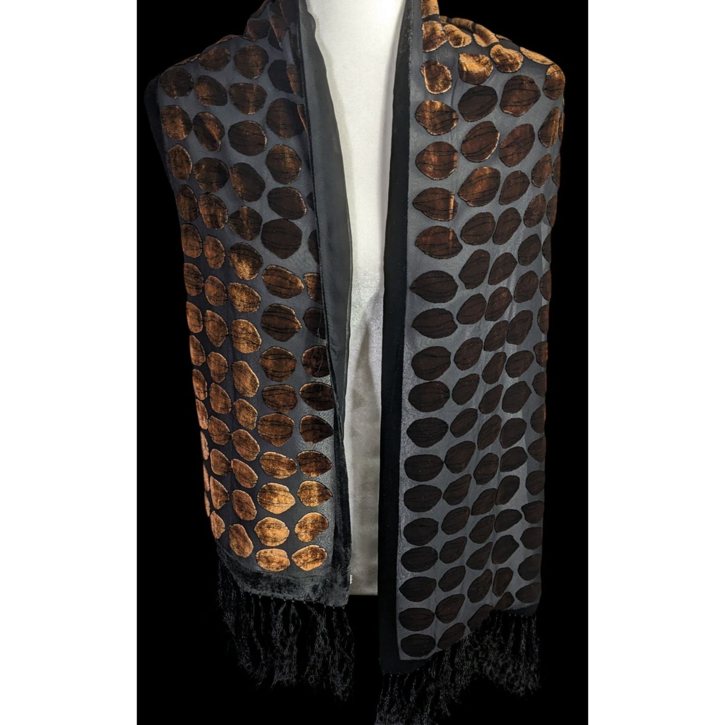 Vintage Geometric Burnt Velvet Scarf Copper Tone With Fringe