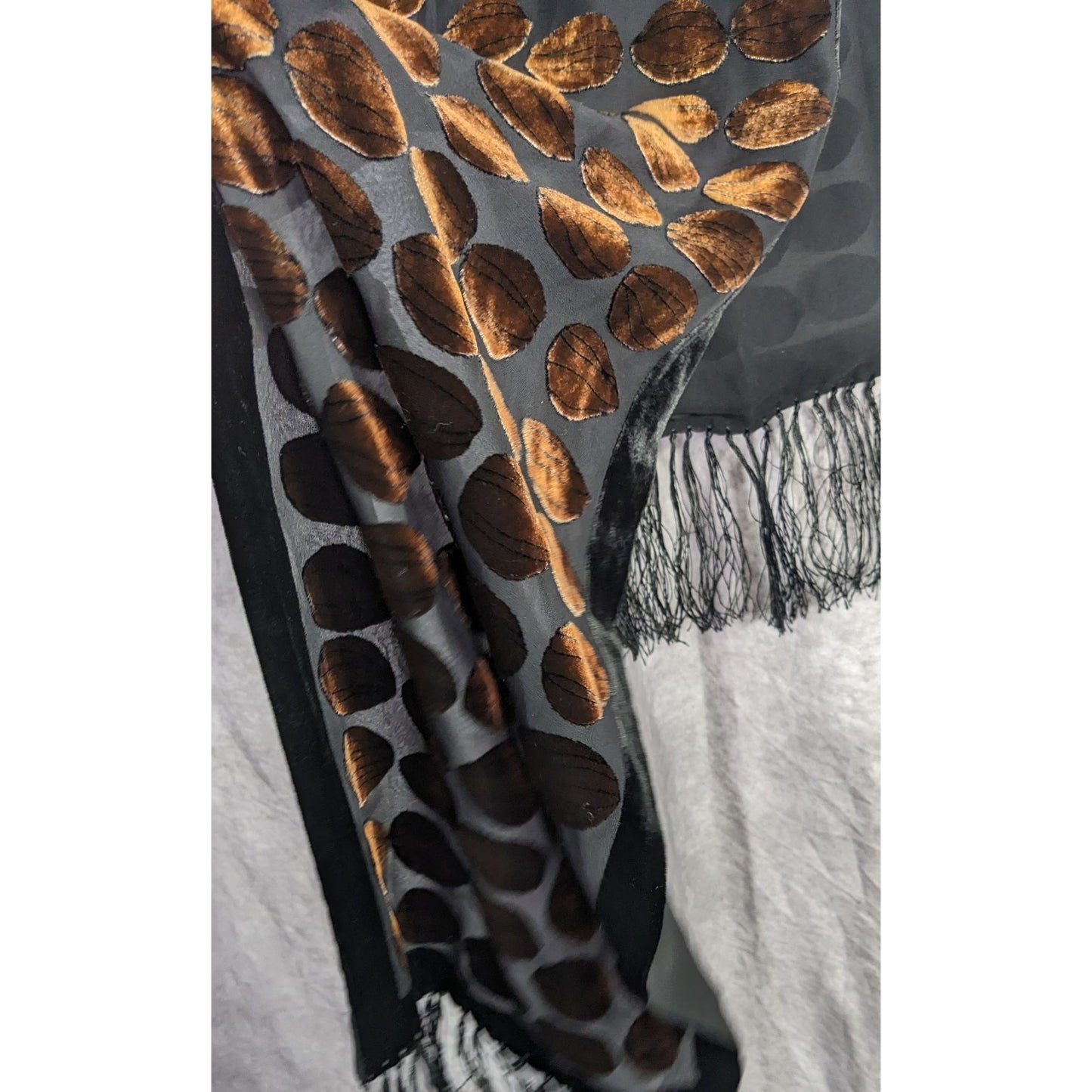 Vintage Geometric Burnt Velvet Scarf Copper Tone With Fringe