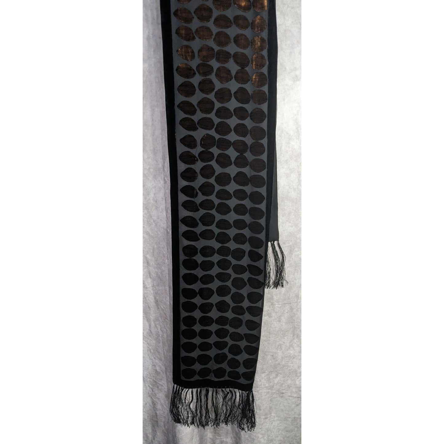 Vintage Geometric Burnt Velvet Scarf Copper Tone With Fringe
